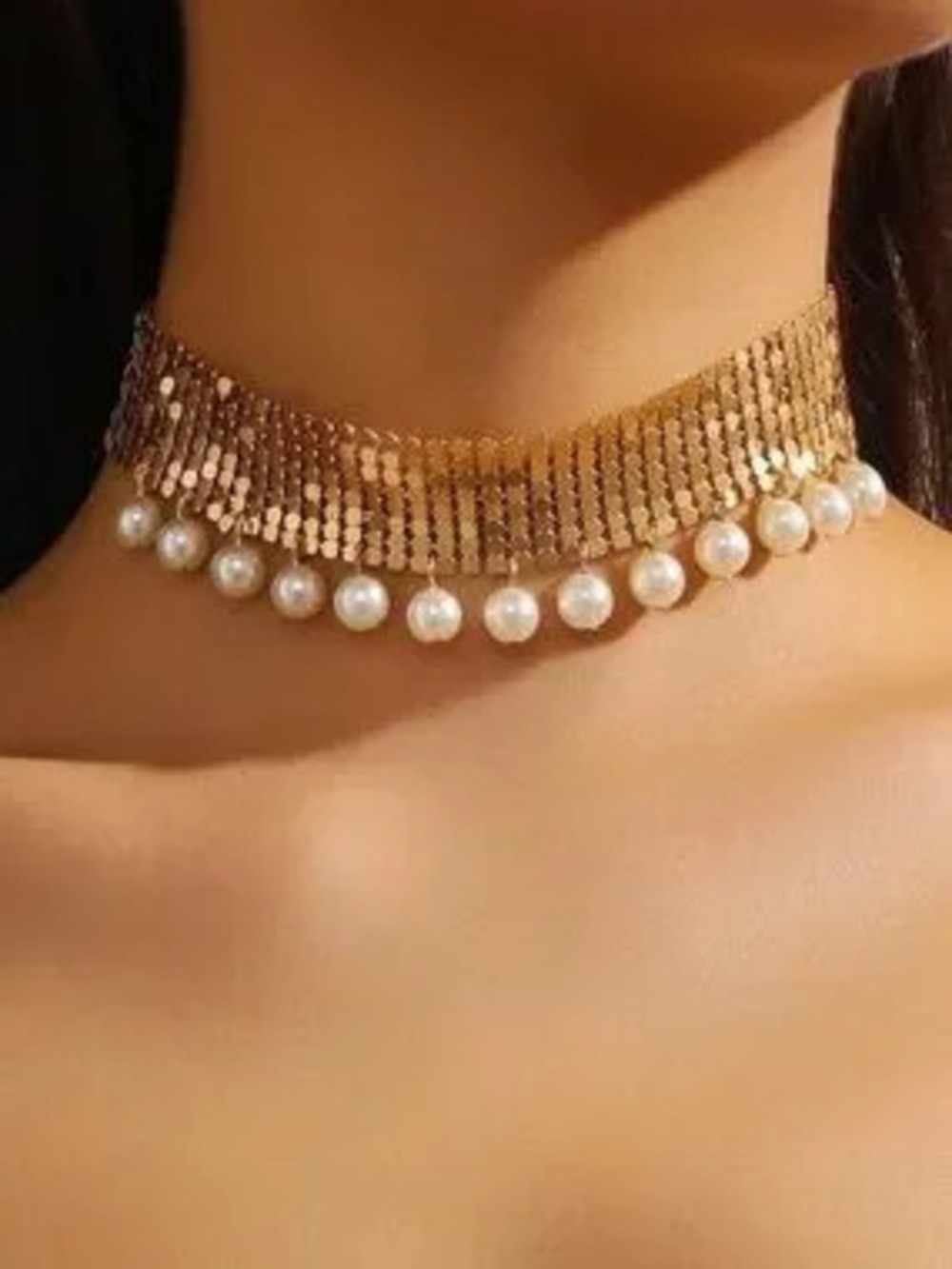 Anthropologie Gold Pearl Fringe Choker
